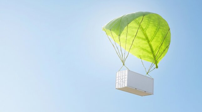 Green logistics concept with shipping container suspended by a large leaf parachute, floating in clear blue sky, sustainable transport solution