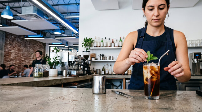 A female barista garnishing iced coffee with mint in modern cafe