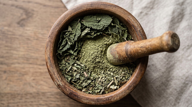 Green herbal powder and dried leaves in wooden mortar on table
