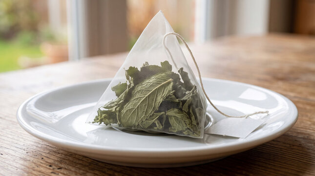 Pyramid herbal tea bag with green leaves on white ceramic saucer