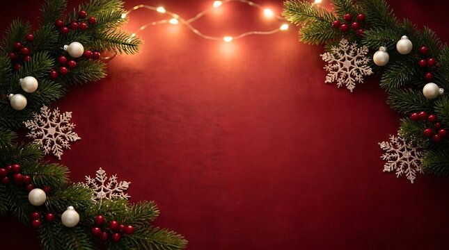 Festive christmas background with sparkling lights ornaments and a rich red color scheme