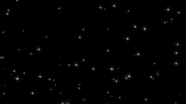 Looping shinny stars animation on black background. Cosmic starry sky with twinkling stars. Starry night, glowing shinning stars, twinkling star particles animation in starry night background. 