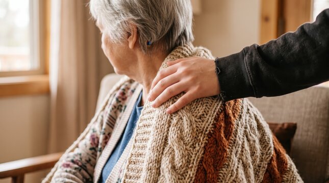 Close up of young hand comforting elderly woman sitting on sofa, showing support and care for senior citizen, empathy and assistance in nursing home or home environment for aging