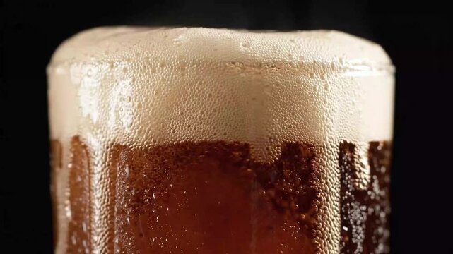 Dark Beer Foam Overflowing Glass Rim Macro Close Up