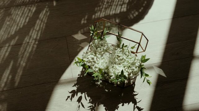 Geometric glass box with gold frame holds gypsophila and green leaves on a wooden floor patterned by window shadows.