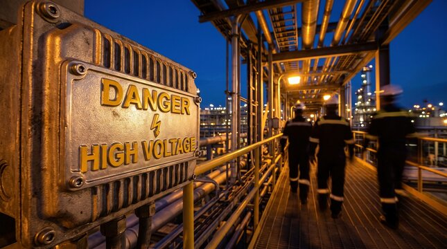 High voltage warning sign on industrial control box with blurred workers on a platform at a chemical refinery during night operations
