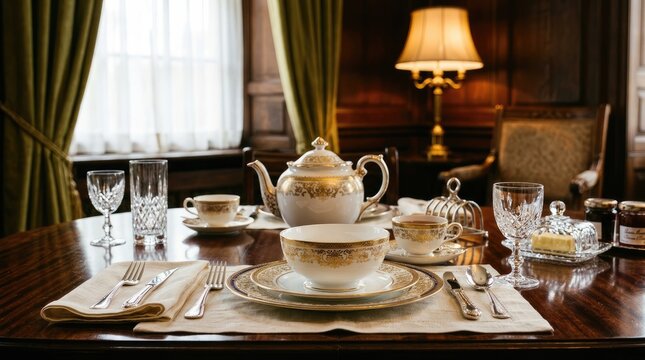 Elegant tea set arranged on vintage wooden table near window with warm lighting