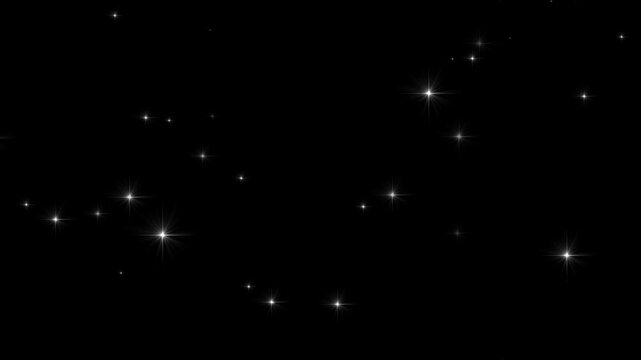 Looping shinny stars animation on black background. Cosmic starry sky with twinkling stars. Starry night, glowing shinning stars, twinkling star particles animation in starry night background. 