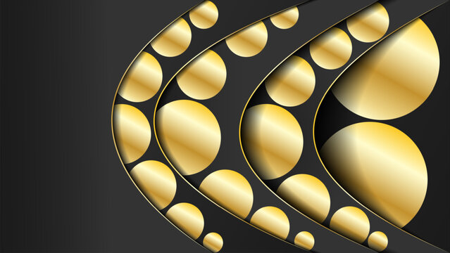 An elegant abstract background featuring overlapping dark grey curved layers decorated with metallic gold circular patterns