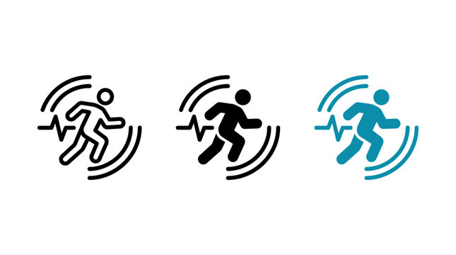Running person with heart rate pulse icon set