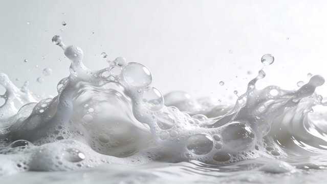 Close-up of white milk splash with bubbles and foam against a clean light background