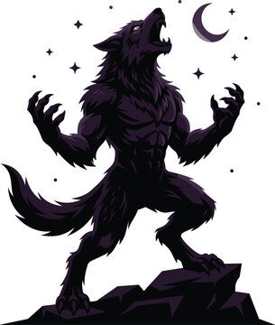 Detailed werewolf monster vector illustration howling at the crescent moon under a starry sky