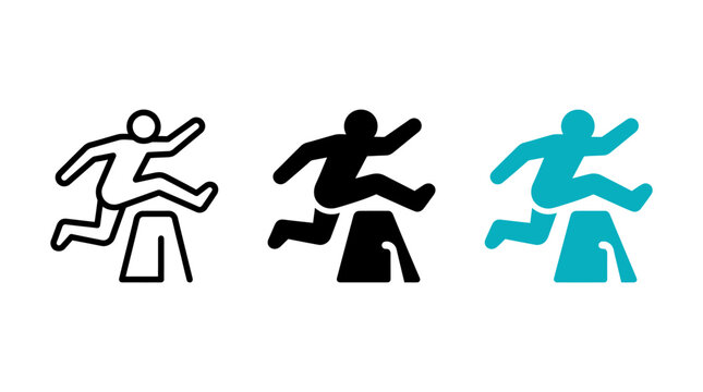 Hurdle jumping athlete icon in outline solid and teal styles