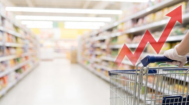 Shopping cart in supermarket aisle with price increase chart arrow overlay