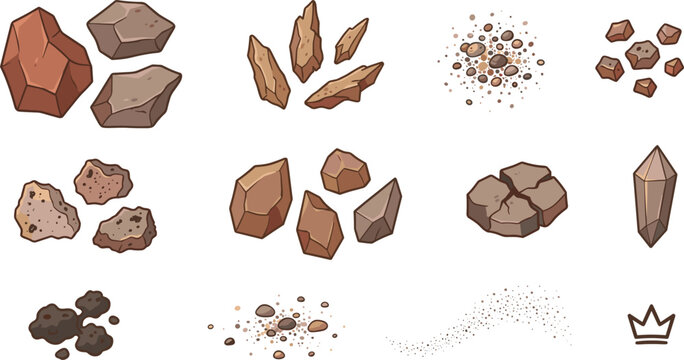 Rocks and Stones Flat Vector Illustration Icon Set with Pebbles and Earth Elements