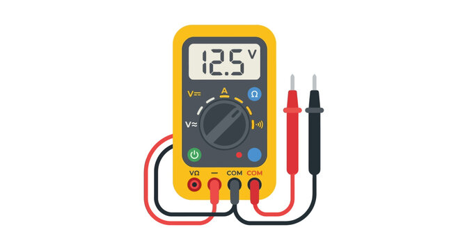 Digital multimeter with probes displays 12 5 volts on a white background