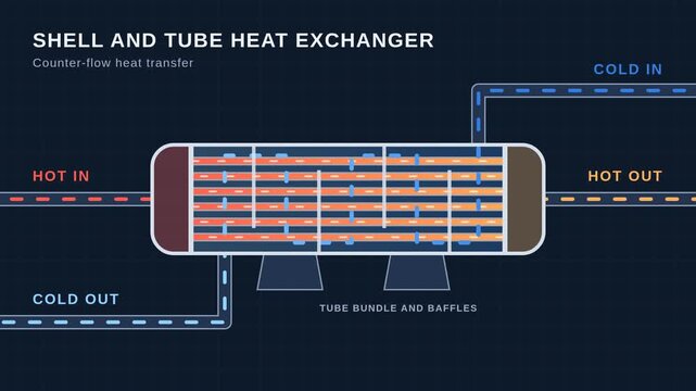 Shell and tube heat exchanger animation, counter-flow heat transfer through tube bundle and baffles, seamless loop