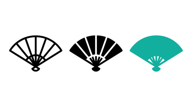 Three variations of japanese folding hand fan icons in teal
