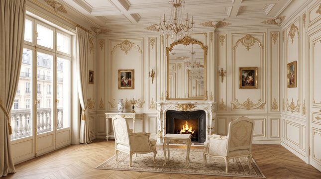 Parisian Haussmann Formal Salon Drawing Room Antique Gilded Boiserie and Versailles Parquet 3D Interior Design