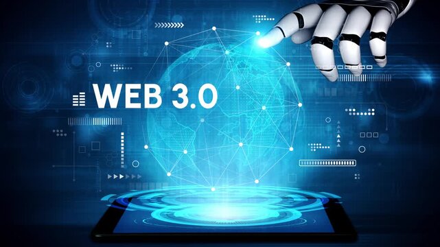 Futuristic Concept Illustrating Web 3.0 Technology with Robotic Hand and Digital Globe Representation. Entropy.