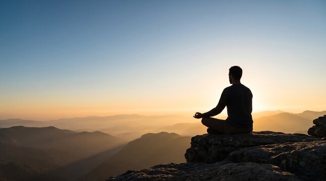 man meditating on mountain cliff edge at sunrise in lotus pose copy space