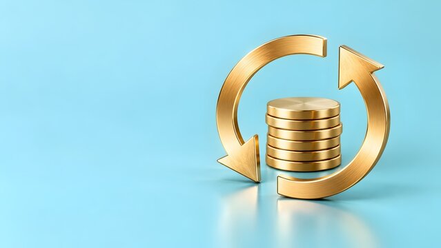 Golden circular arrows around stacked coins representing return on investment and continuous financial growth
