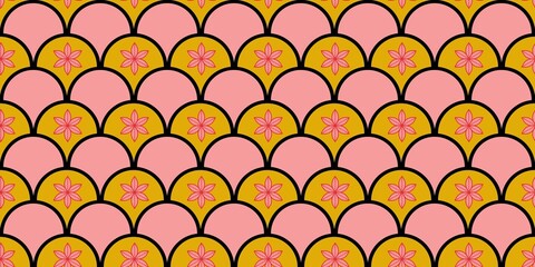 Seamless japanese fish scale pattern with pink floral ornament elements vector background. Perfect for textile, wrapping paper, and packaging design © Mr. Han Han