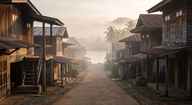 Old weathered wooden houses with porches in a rustic rural village at dusk.