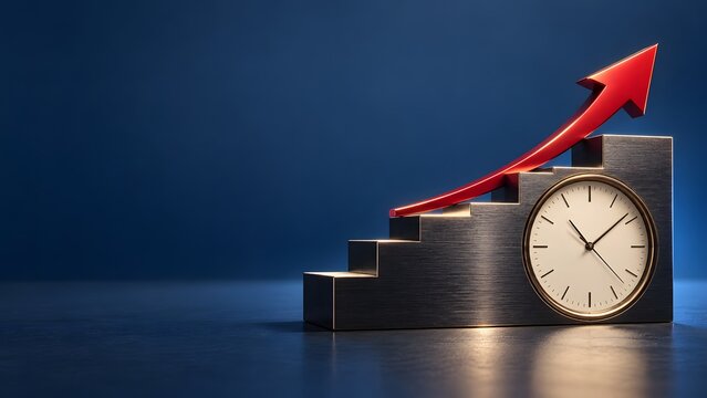 Rising red arrow on metallic steps with embedded clock conceptualizing timely investment and long term growth