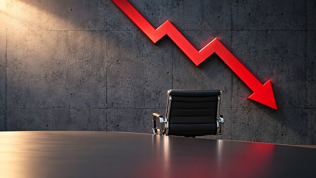 Plunging red arrow aiming at an empty executive chair conceptualizing severe business collapse and market crash