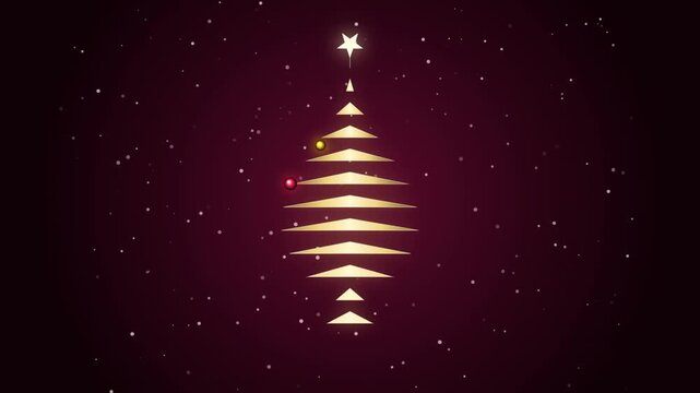 Golden abstract christmas tree animation with glowing star and drifting snow particles on red background