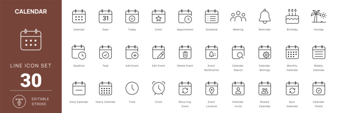 calendar date schedule event appointment reminder meeting editable stroke line icon vector set