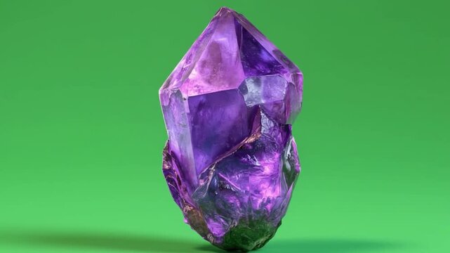  Glowing purple amethyst crystal floating on green screen background