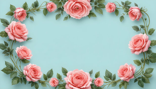 Beautiful pink roses frame with leaves on a soft light green background