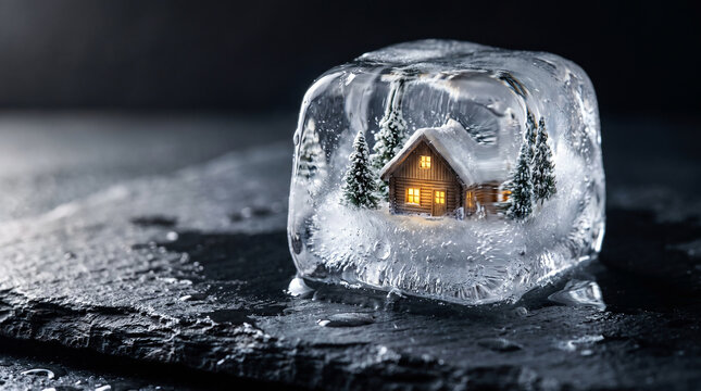 Cozy wooden winter cabin with glowing windows frozen inside clear ice cube on stone surface