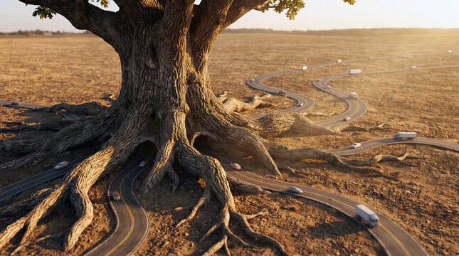 Conceptual giant tree roots merged with winding asphalt highway roads in dry landscape