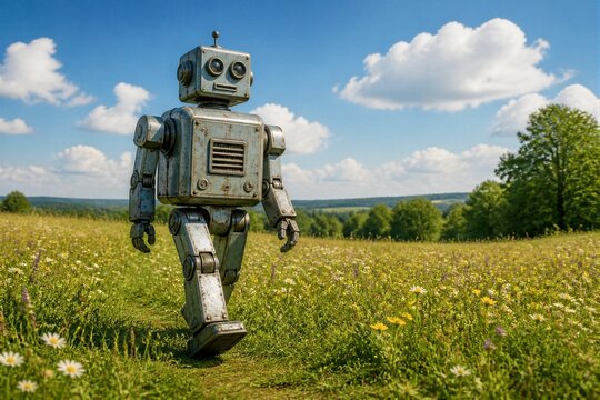 Retro metal robot walking through wildflower field countryside