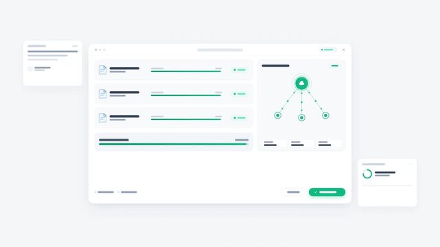 4K flat elevated modal dialog showing sequential batch file processing, dynamic progress bars, and cloud sync stream with green verified status in a seamless loop.