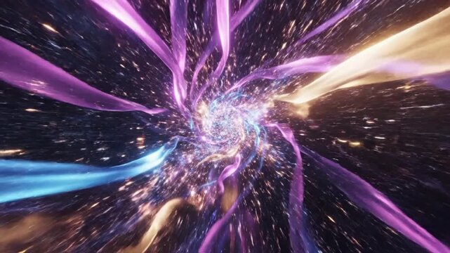 Swirling neon energy vortex in dark digital tunnel