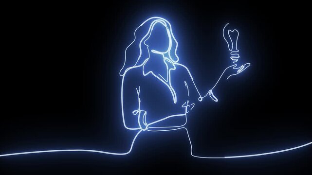 Minimalist Line Art Animation of a Businesswoman Holding a Glowing Light bulb Idea Concept