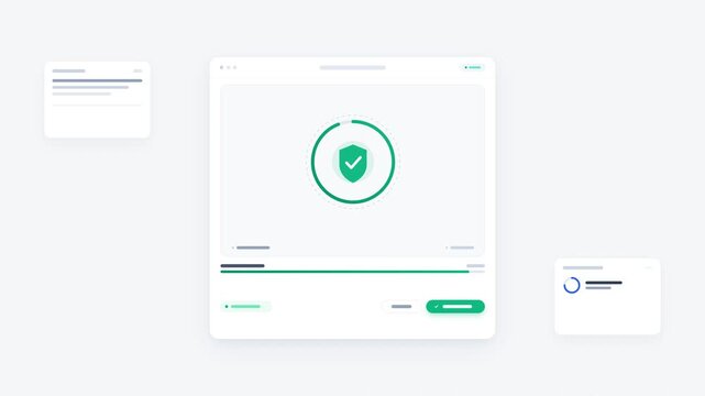4K clean neumorphic modal dialog featuring circular security encryption ring, converging data particles, and verified shield checkmark in a seamless loop.