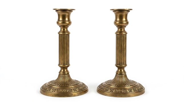 Two classic brass candlesticks on white background.