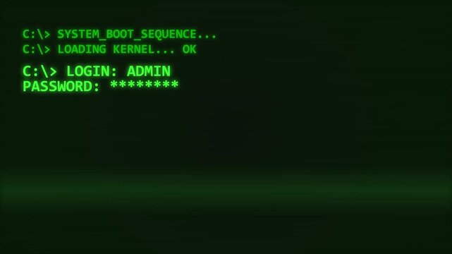 Retro terminal command prompt screen displaying a system boot sequence and administrative login field with green text on a dark digital background