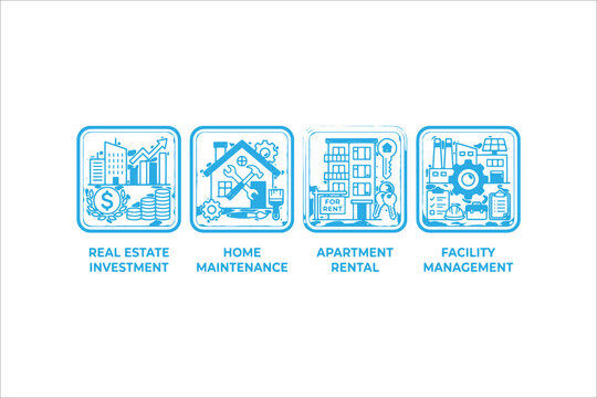 Colorful flat design icons for real estate investment, home maintenance, apartment rental, facility management