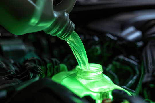 Bright green coolant pouring into a car radiator reservoir in a dark engine bay