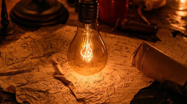 oganesson. A glowing vintage light bulb on a desk with old manuscripts and sketches. product launch decks, UI/UX mockups, designed for product launches and innovation pitches.