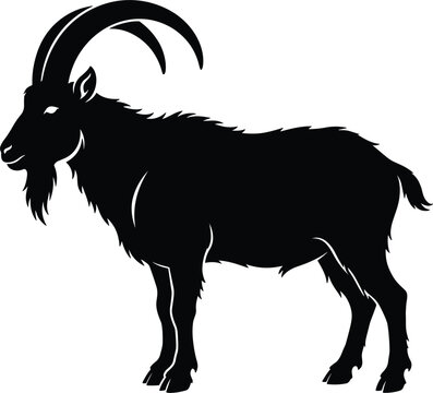 Black goat silhouette vector illustration featuring a side view horn animal profile isolated on white background