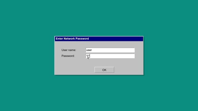 Digital interface representation of a network login prompt window showing username and password entry fields on a plain teal background backdrop