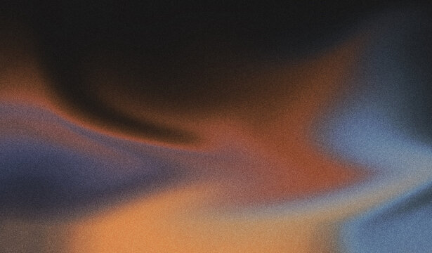 Abstract colorful gradient with flowing blue, orange, and purple light forming soft atmospheric background with grainy texture and smooth motion