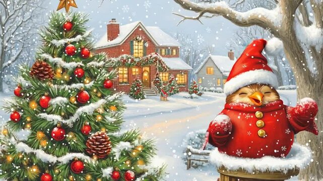 Winter Scene With a Decorated Tree and a Bird in a Red Coat Generative AI